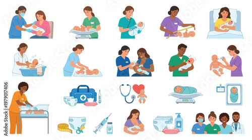 Flat Vector Newborn Baby Care, Midwifery, and Pediatric Healthcare Icons Collection