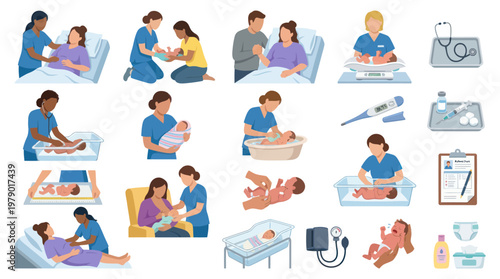 Medical Newborn Care Flat Icons Set - Healthcare Family Hospital Birth