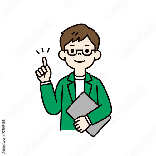 ノートパソコンを片手に持って、ポイントを説明する若いビジネスマンの上半身ベクターイラスト素材