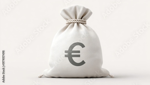 White drawstring bag with euro symbol, full and heavy, isolated