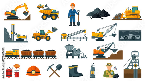 Mining Industry Vector Icons: Equipment, Workers, Coal, Tools, Flat Style