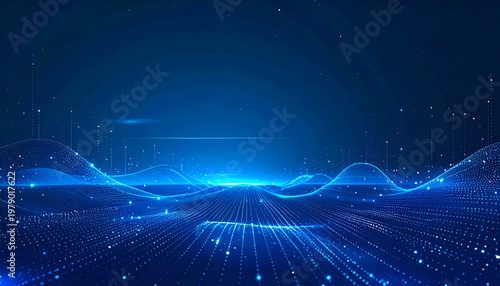 A mesmerizing abstract landscape of glowing blue lines and particles creates a futuristic and ethereal visual experience.