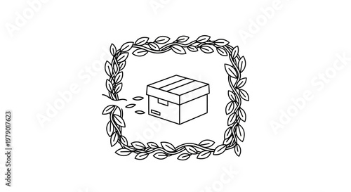 Hand-drawn illustration of a cardboard box with leaves frame, symbolizing delivery and nature
