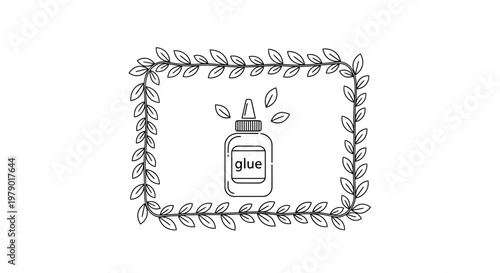 Hand-drawn illustration of a glue bottle with leaves frame