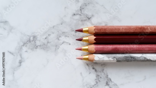 Four colored pencils with gold tips arranged on a marble background