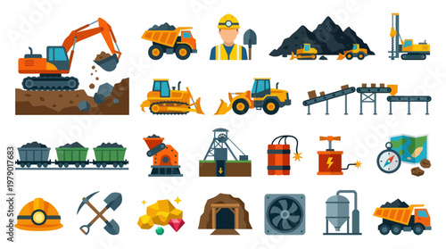 Mining Industry Flat Icons: Excavator, Truck, Coal, Tools, Conveyor Belt
