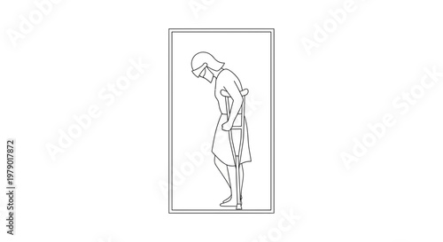 Elderly Woman with Crutches Walking Slowly, Showing Frailty and Disability