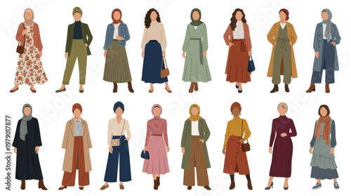 Flat Illustration of Muslim Women Fashion, Hijab Style, Modest Clothing