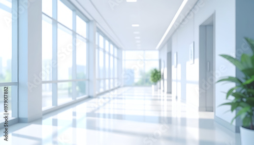 A long, brightly lit hallway with large windows extends into the distance, creating a sense of spaciousness and modern design.