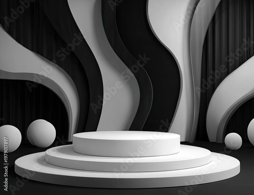 Stage with circular platform, curved white/black backdrop, and floating orbs