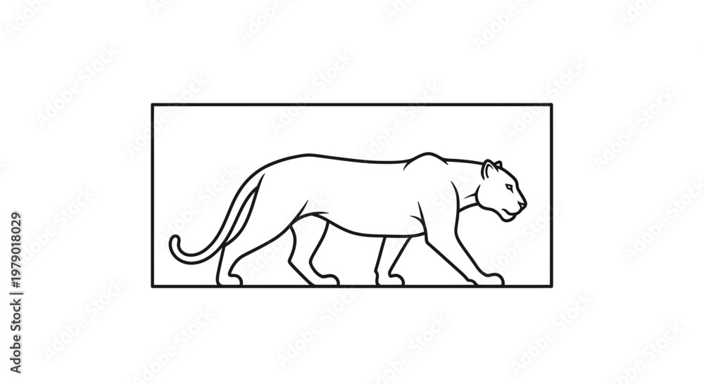 Fototapeta premium Elegant Panther Silhouette Walking in a Rectangle Frame, Minimalist Line Art