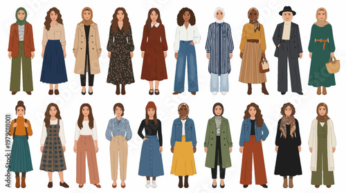 Diverse women fashion vector illustration, modern modest clothing, flat style