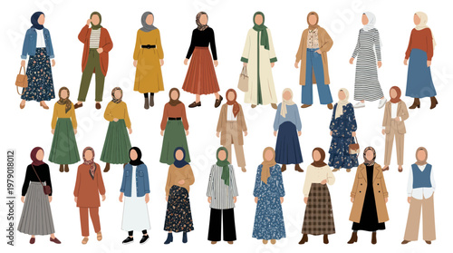 Flat Design Muslim Women Fashion, Hijab Clothing Style Vector