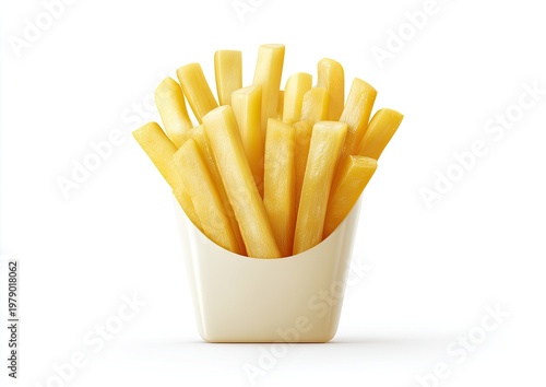 Crisp golden french fries piled high in a white paper container