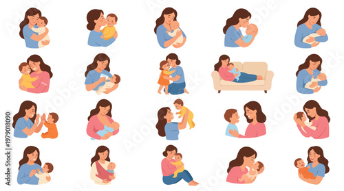 Mother and Baby Vector Illustrations, Flat Style, Family Love