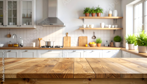 A bright and inviting kitchen features a wooden countertop in the foreground, leading the eye to a clean, well-lit cooking space.