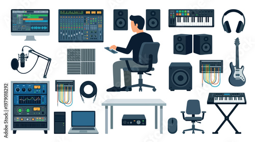 Flat Design Vector Illustration of Music Production Studio Equipment with Audio Engineer