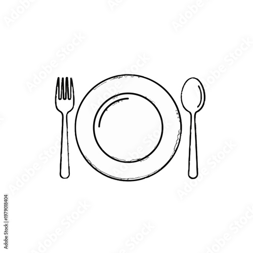 Simple illustration of plate with fork and spoon.