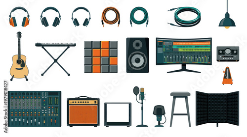 Professional Music Production  Recording Studio Equipment Flat Vector Set