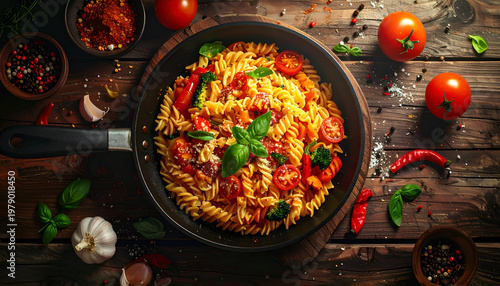 A vibrant overhead shot showcases a pan of freshly made pasta with a rich tomato sauce and colorful vegetables.