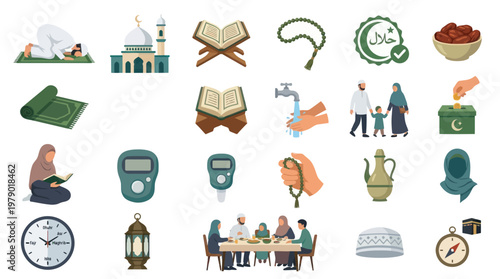 Flat Design Islamic Elements Set: Muslim Religion, Culture  Tradition Vector Icons
