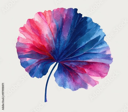Watercolor depiction of a large, fan-shaped leaf with pink and blue hues on a white backdrop
