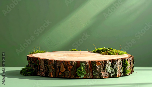 A rustic wooden tree stump adorned with vibrant green moss sits prominently against a soft green backdrop, creating a natural and minimalist display platform.
