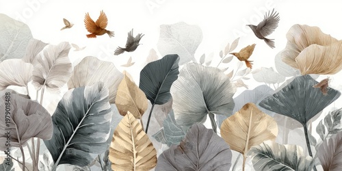 Watercolor painting of stylized plants and birds in muted tones, creating a serene, natural scene