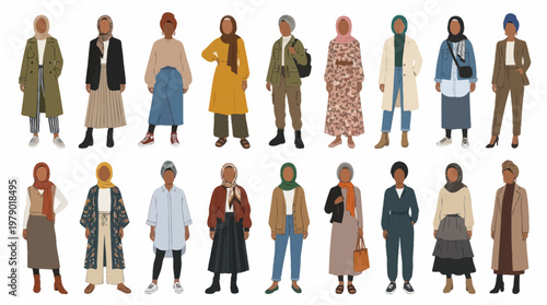 Diverse Muslim Women Fashion Collection: Flat Illustration