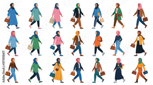Diverse Muslim Women Walking in Modest Fashion, Flat Vector Art