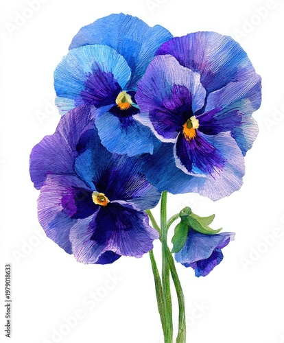 Watercolor depiction of vibrant blue and purple pansies, partially in bloom, on white