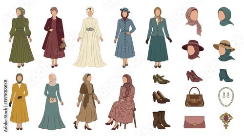 Modest Fashion Women's Outfits, Hijabs  Accessories Vector Flat Illustration Set
