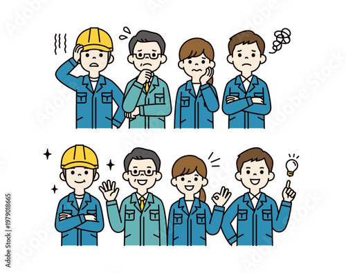 問題が解決して喜ぶ、作業服を着た複数の男女の社員・従業員の上半身ベクターイラスト素材セット