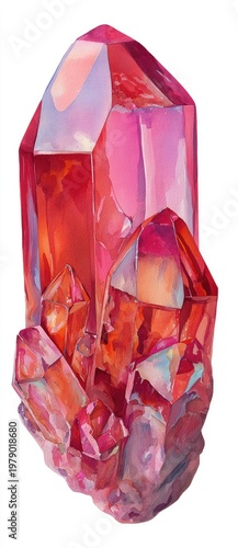Vivid watercolor depicts a cluster of crystalline structures in shades of red, pink, and orange