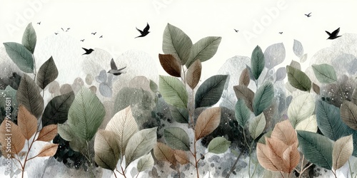 Watercolor botanical illustration with layered foliage and flying birds, soft pastel hues