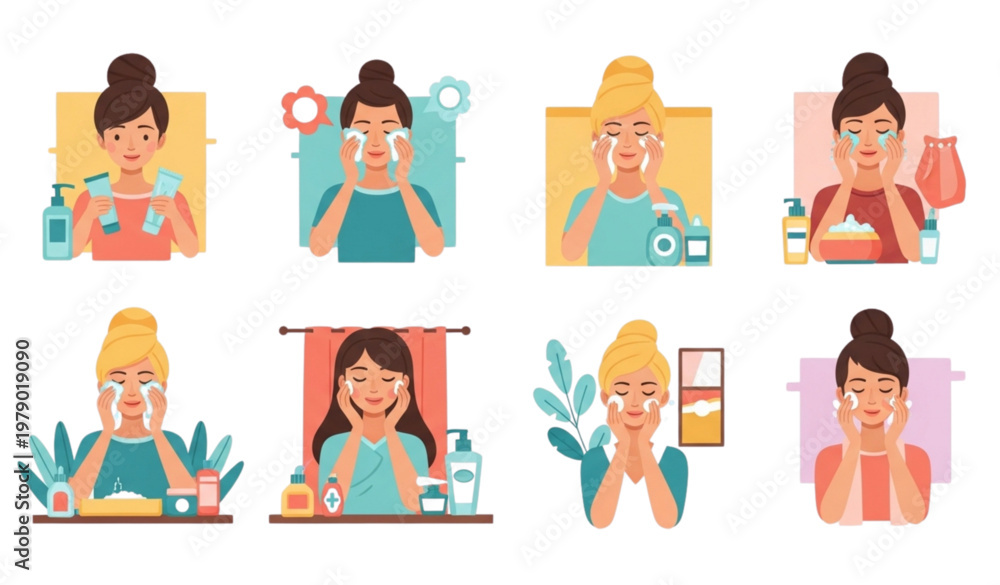 Fototapeta premium Daily skincare vector illustrations of women applying facial cleanser and moisturizer