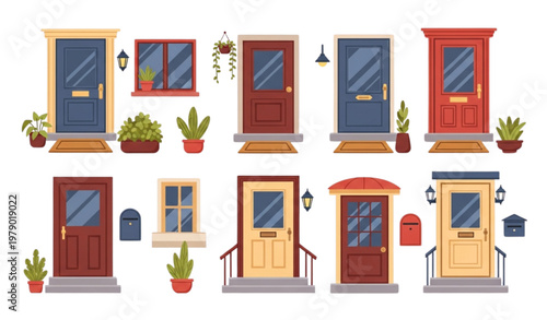 Front door and house entrance illustration set with porches, lamps, and plants