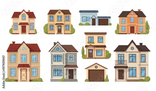 House exterior vector illustration set with traditional and contemporary urban and suburban facades