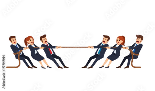 Business tug-of-war illustration with office workers pulling rope in flat vector style