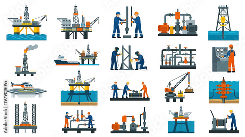 Oil and Gas Industry Flat Vector Icons Set: Offshore Drilling, Petroleum Production Assets