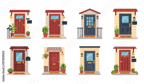 House entrance and door vector set with porches, lamps, plants, and letterboxes