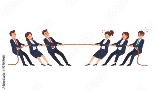 Office team tug-of-war vector illustration showing business competition and teamwork