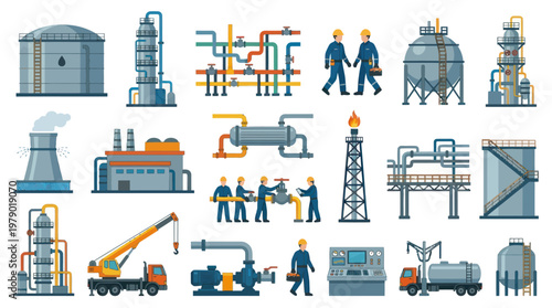 Oil and Gas Industry Flat Vector Icons Set with Refinery Equipment and Workers
