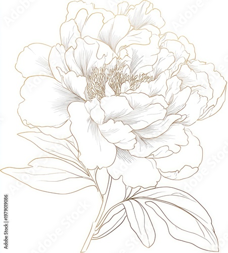 Delicate floral illustration of a peony, rendered in elegant line art and gold