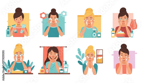 Daily skincare vector illustrations of women applying facial cleanser and moisturizer