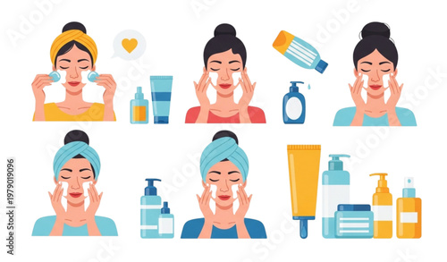 Women skincare routine vector set applying cleanser and moisturizer at home