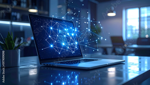 A modern laptop displays a vibrant, abstract network visualization, suggesting connectivity and data flow within a contemporary office setting.