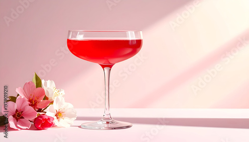A vibrant red cocktail sits elegantly in a stemmed glass, adorned with delicate pink and white cherry blossoms against a soft pink backdrop, creating a visually appealing and refreshing composition.