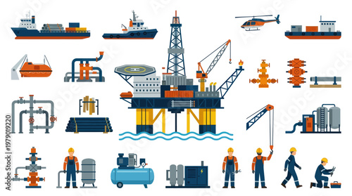 Oil and Gas Industry Icons: Offshore Platform, Ships, Helicopter, Workers, Flat Style