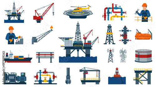 Offshore Oil and Gas Industry Flat Vector Icons Set with Rigs, Platforms, Workers, and Equipment